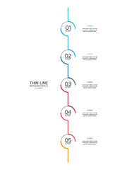 Thin line infographic template featuring five vertical, numbered semi-circles connected by a line with a gradient from blue to red. Each semi-circle is labeled "STEP". Vector illustration.