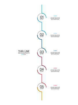 Thin line infographic template featuring five vertical, numbered semi-circles connected by a line with a gradient from blue to red. Each semi-circle is labeled "STEP". Vector illustration.