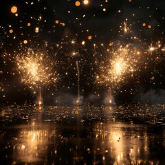 Sparkling Fireworks Display Reflected on Water at Night Festive Celebration Background