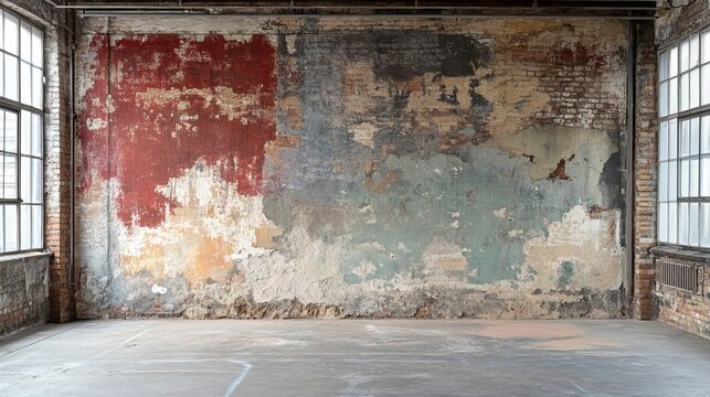 Fototapeta Grungy industrial room with distressed brick wall and large windows red old aged worn grey blue loft