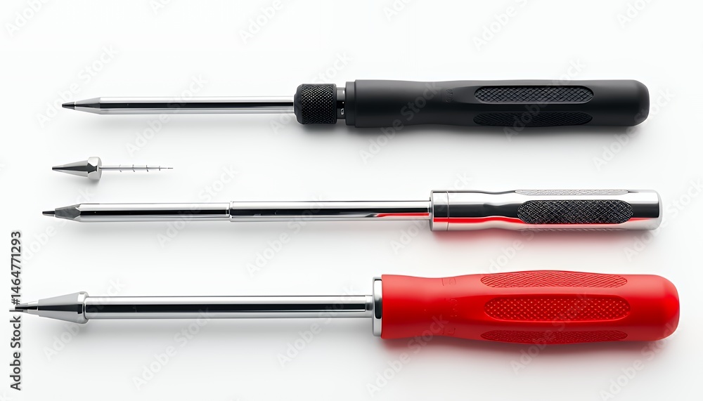 Poster studio shot of black silver and red handled screwdrivers with small attachment arranged neatly isola