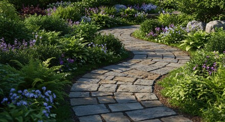Obraz premium A winding garden path leads through a vibrant green landscape under the golden hour sun. Serene and inviting — suitable for landscape design, wellness campaigns, or nature-themed publications.