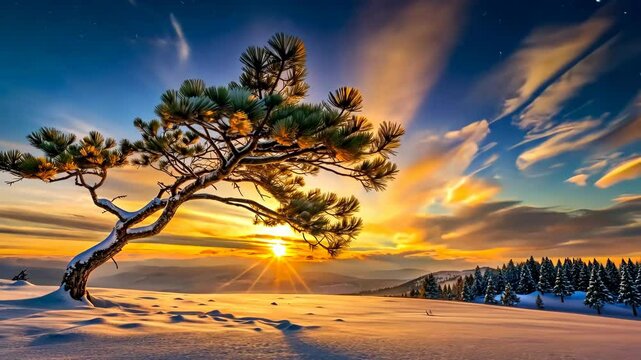 Winter Solstice A Lone Pine Tree Stands Tall Against a Majestic Sunset