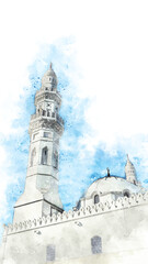 A Watercolor Painting of a Majestic Mosque, showcasing its intricate architecture and serene beauty under a bright sky.
