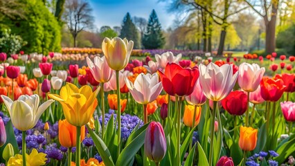 A garden of colorful tulips flowers.