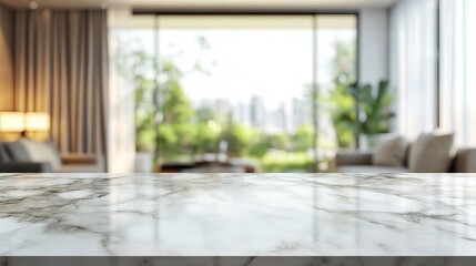 Fototapeta premium Elegant marble tabletop modern living room blurred background city view grey home sofa calm real