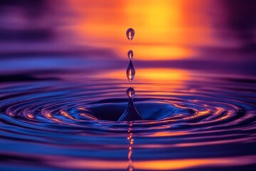 Water droplet creates ripples in calm water at sunset with vibrant colors reflecting off the surface