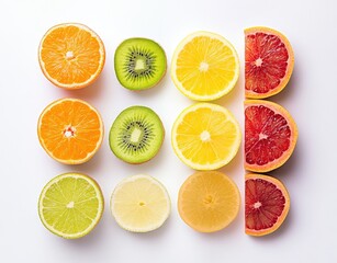 Colorful citrus and kiwi slices arranged in a grid pattern