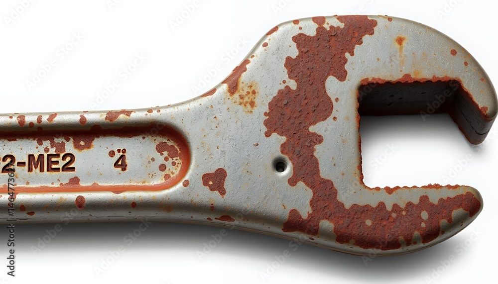Poster top view close up of heavily rusted open end wrench isolated on white background featuring aged meta