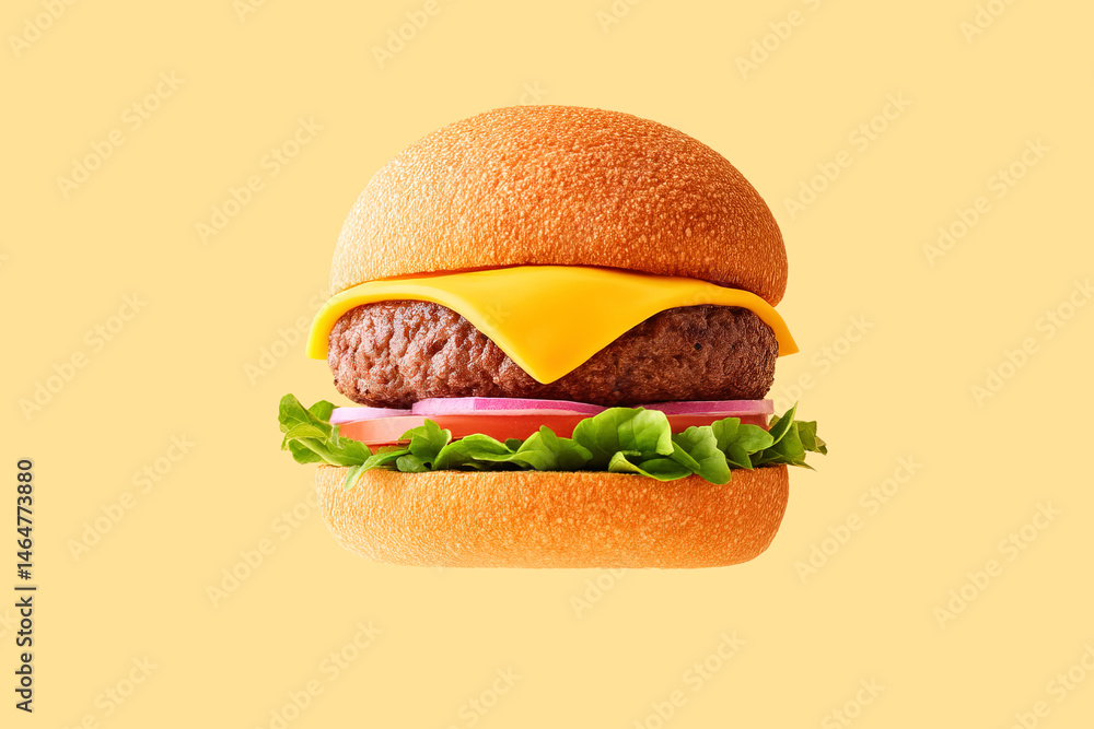 Poster burger floating in clean studio setting with diffused light
