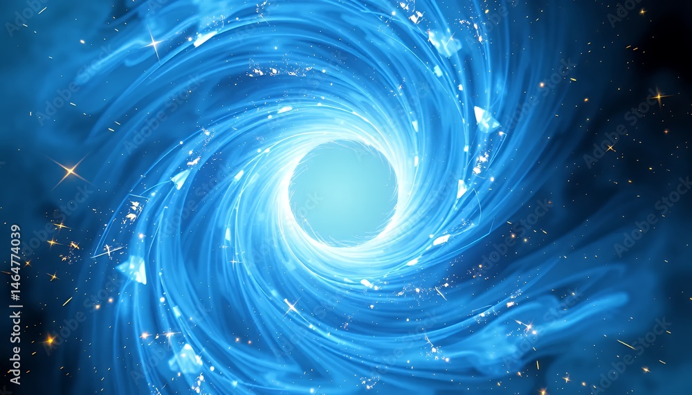 Poster abstract blue energy vortex swirling with sparkling particles isolated on green screen background fe