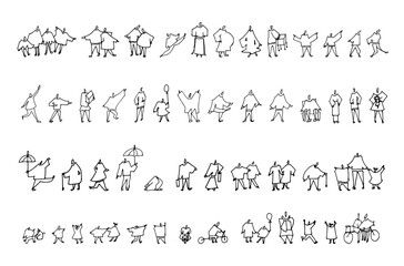 Hand-drawn sketch style people illustrations designed for architectural presentations, urban planning, and landscape design. Poses of people walking, sitting, biking in outdoor activities.