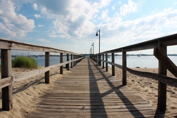 Obraz premium Idyllic Summer Scene on the Pier Boardwalk at Calf Pasture Beach in Norwalk, Connecticut