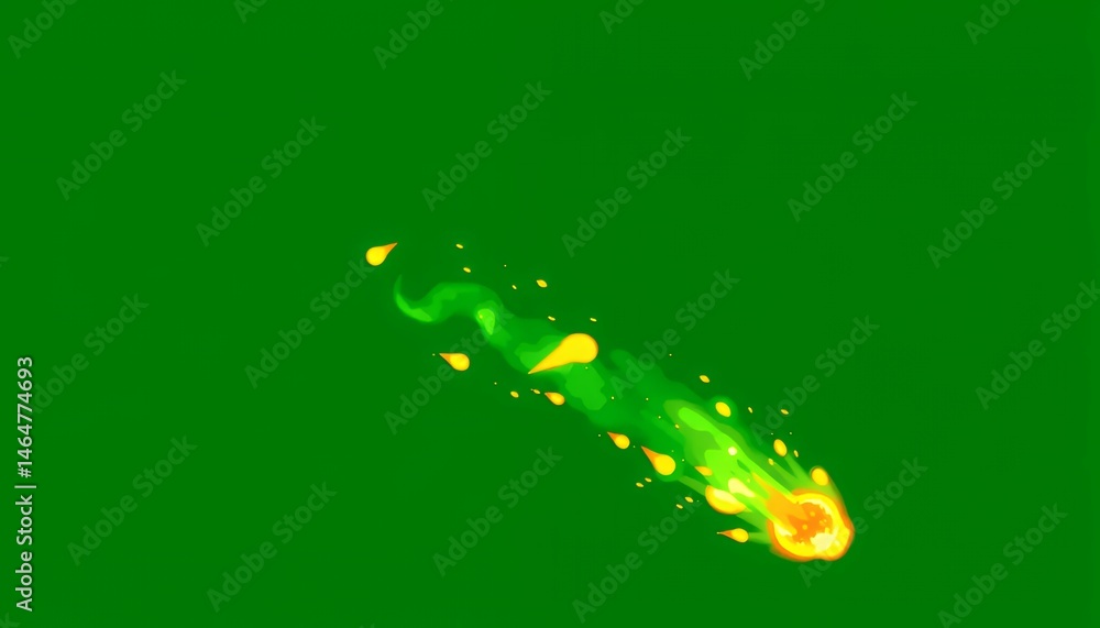 Poster animated orange and green comet with fiery trail hurtling across isolated green screen backdrop in a