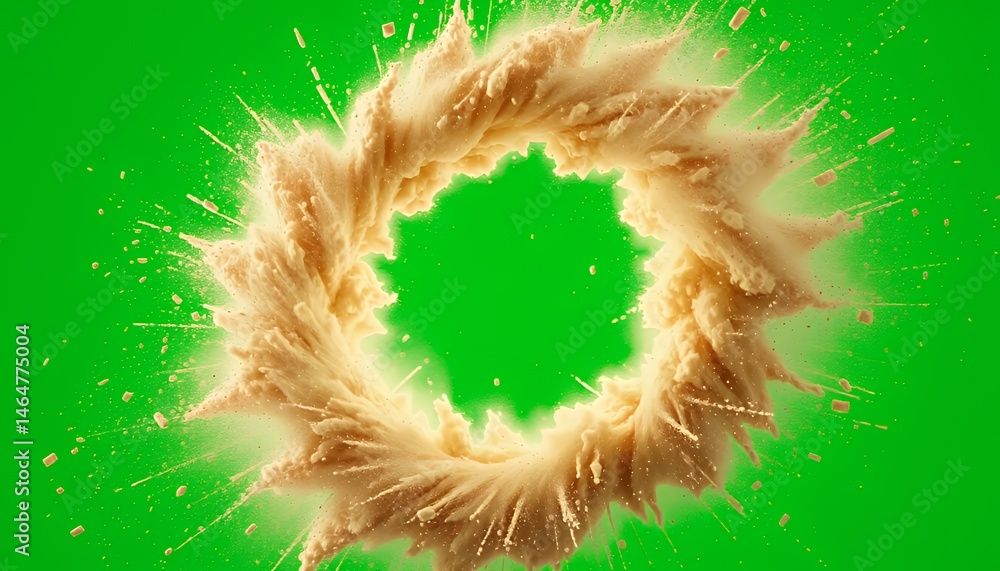 Poster beige powder explosion circular form isolated on green screen background perfect for visual effects 