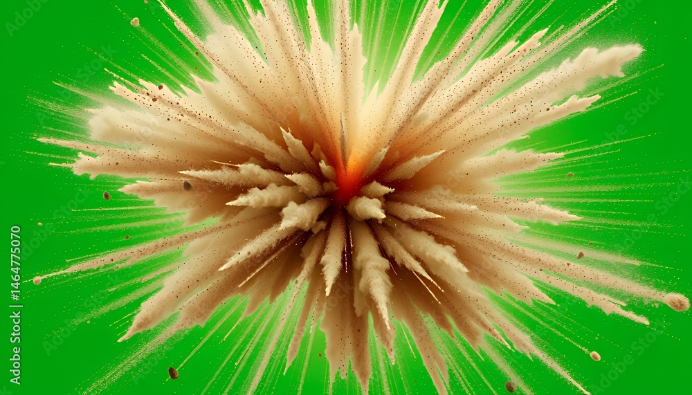 Poster beige sand explosion with central red core particles spreading isolated on green screen background p