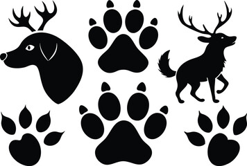 Black and White Vector Illustration: Deer, Dog, Paw Prints, Animal Tracks, Wildlife Silhouette Graphics, Nature Clip Art