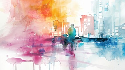 A vibrant watercolor illustration capturing the essence of urban life with colorful abstractions and silhouettes of people.