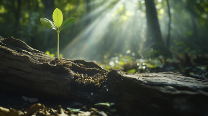 Fototapeta premium A young plant sprouts from the soil on a forest floor, with sunlight filtering through the trees in the background.