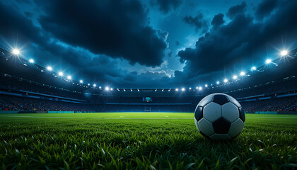 Obraz premium Night Football Stadium with Soccer Ball on Grass