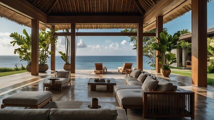 Fototapeta premium A contemporary Bali villa with private cabanas, a swim-up bar, and floor-to-ceiling windows overlooking the ocean