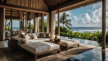 Obraz premium A contemporary Bali villa with private cabanas, a swim-up bar, and floor-to-ceiling windows overlooking the ocean
