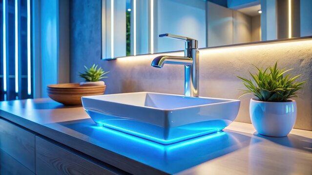 Faucet in modern bathroom sink with brightly lit water display, water dispenser