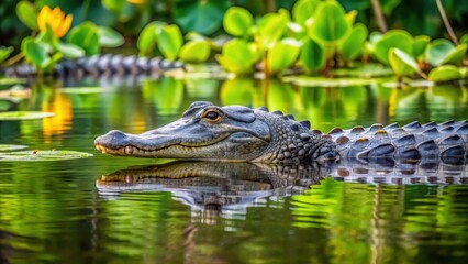 Fototapeta premium American alligator swimming in shallow pond with lush vegetation and water lilies, swamp, nature, swamp, nature