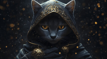 A cat in a hooded cloak with golden embroidery, holding a golden object, set against a dark, glowing background.
