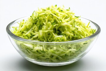 Fresh Courgette Delight: Bowl of Grated Zucchini on a Crisp White Background