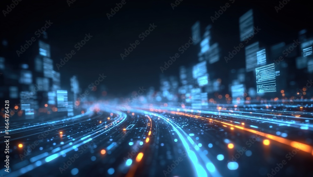 Poster digital data flowing through dark space with blue and orange lights representing technology and inno