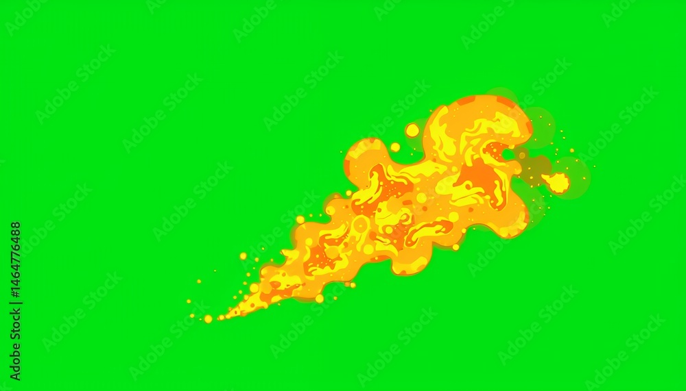 Poster cartoon fire element animated flame bursting in orange and yellow isolated on green screen backgroun