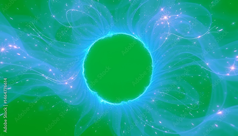 Poster circular element surrounded by flowing translucent blue energy waves isolated on green screen backgr