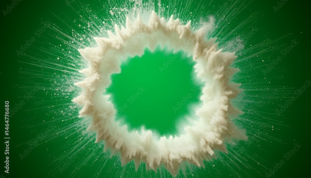 Poster circular white powder explosion radiating on isolated green screen for vfx projects dust burst with 
