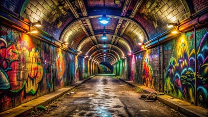 Fototapeta premium Abandoned underground tunnel with vibrant graffiti wall and dimly lit atmosphere , empty, tunnel, empty