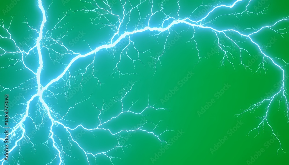 Poster cyan lightning strikes with fractal branching eye level shot isolated on green screen background per