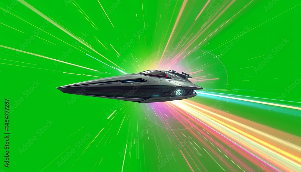 Poster dark gray spaceship through pixelated light tunnel isolated on green screen background perfect for v
