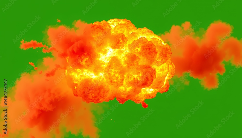 Poster detailed orange and red fire explosion with dense smoke isolated on green screen background for visu