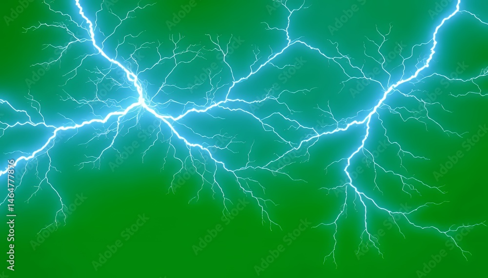 Poster dramatic blue lightning strike with branching arcs on green screen background for visual effects and