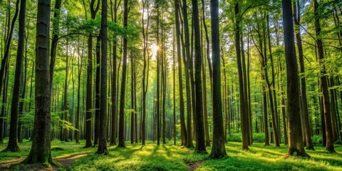 Obraz premium forest with tall trees and undergrowth, leafy branches, vertical lines