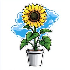 Obraz premium Vibrant Sunflower in Pot with Detailed Linework and Cheerful Colors Illustration