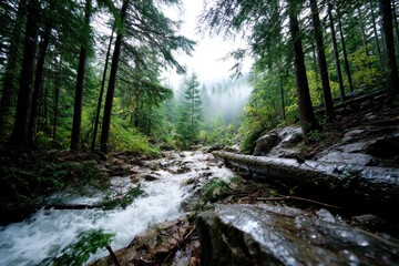 Fototapeta premium Misty evergreen forest with rushing stream, fallen log, rocks, and vegetation