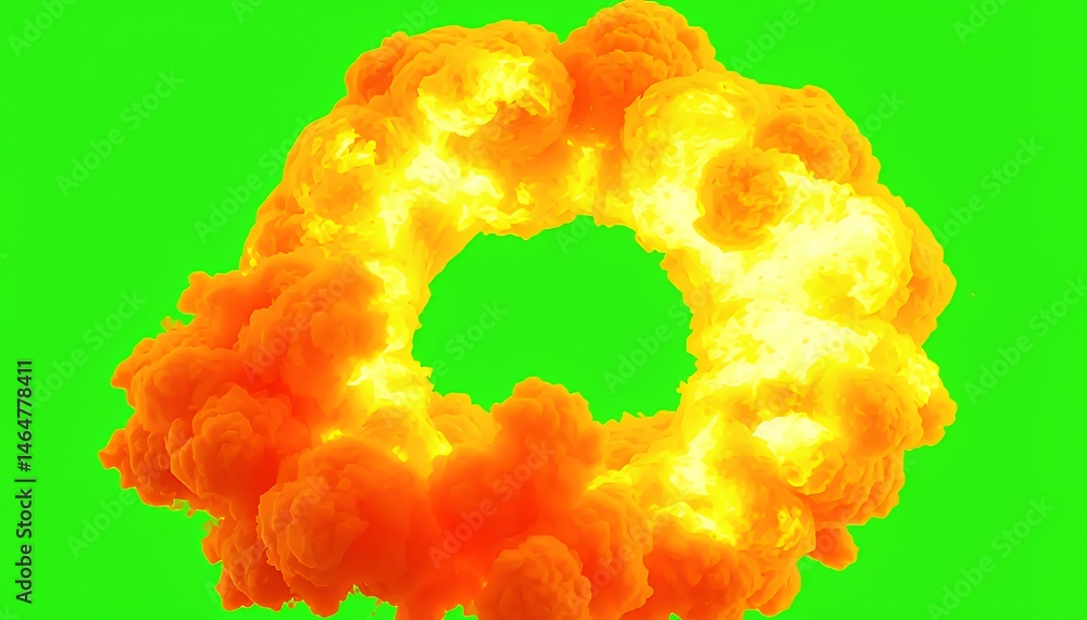 Poster Dramatic Fireball Explosion with Circular Ring Shape Isolated on Green Screen Background for Visual Effects Use in Media Projects from a Front Angle