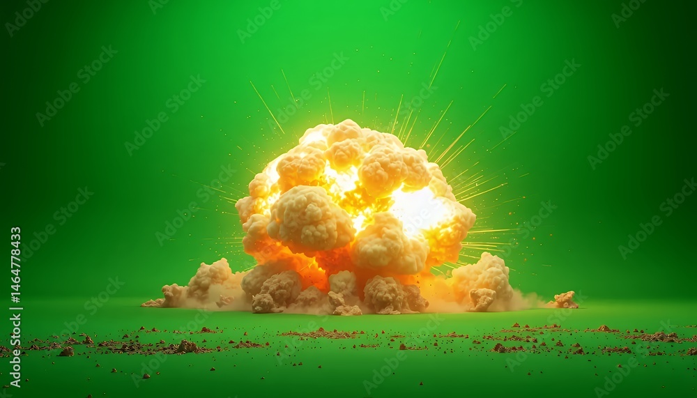 Poster dramatic fireball explosion with smoke and sparks on a green screen background for visual effects co