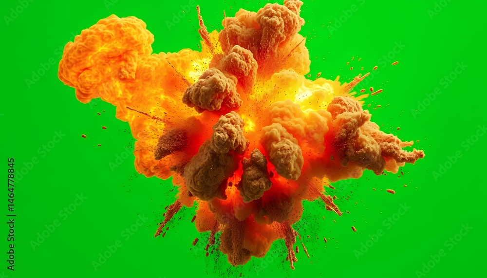 Poster dramatic orange and yellow fireball explosion isolated on green screen background for vfx and visual