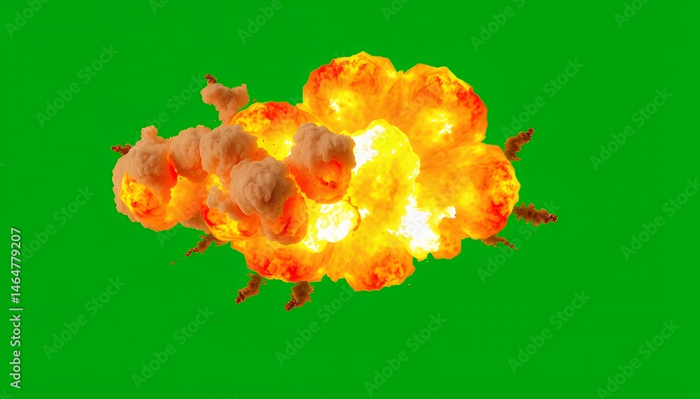 Poster dramatic orange yellow fireball explosion isolated on green screen background for visual effects and