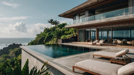 A breathtaking clifftop villa in Bali with a panoramic ocean view, glass-walled living room, and infinity-edge pool