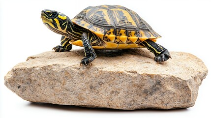 Obraz premium Vibrant Yellow Striped Turtle Perched on a Rock Isolated on White Background