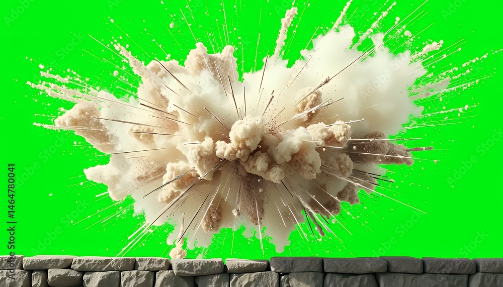 Poster dynamic beige explosion with flying debris isolated on green screen background for visual effects mo