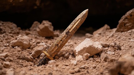 An ornate golden sword partially embedded in the earth, surrounded by rocks, symbolizing ancient legends, forgotten histories, and the allure of undiscovered treasures.